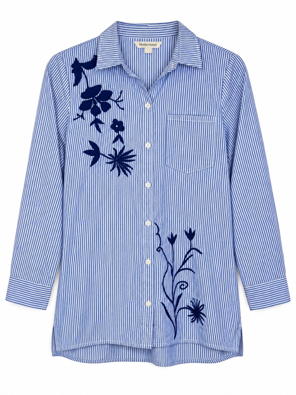 Motherhood Maternity Floral Embroidered Striped Button Front Tunic Top Size S
